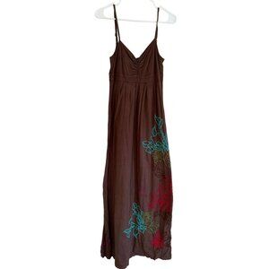 Johnny Was LA Embroidered Long Spaghetti Cami Strap Dress Brown‎ Womans Small